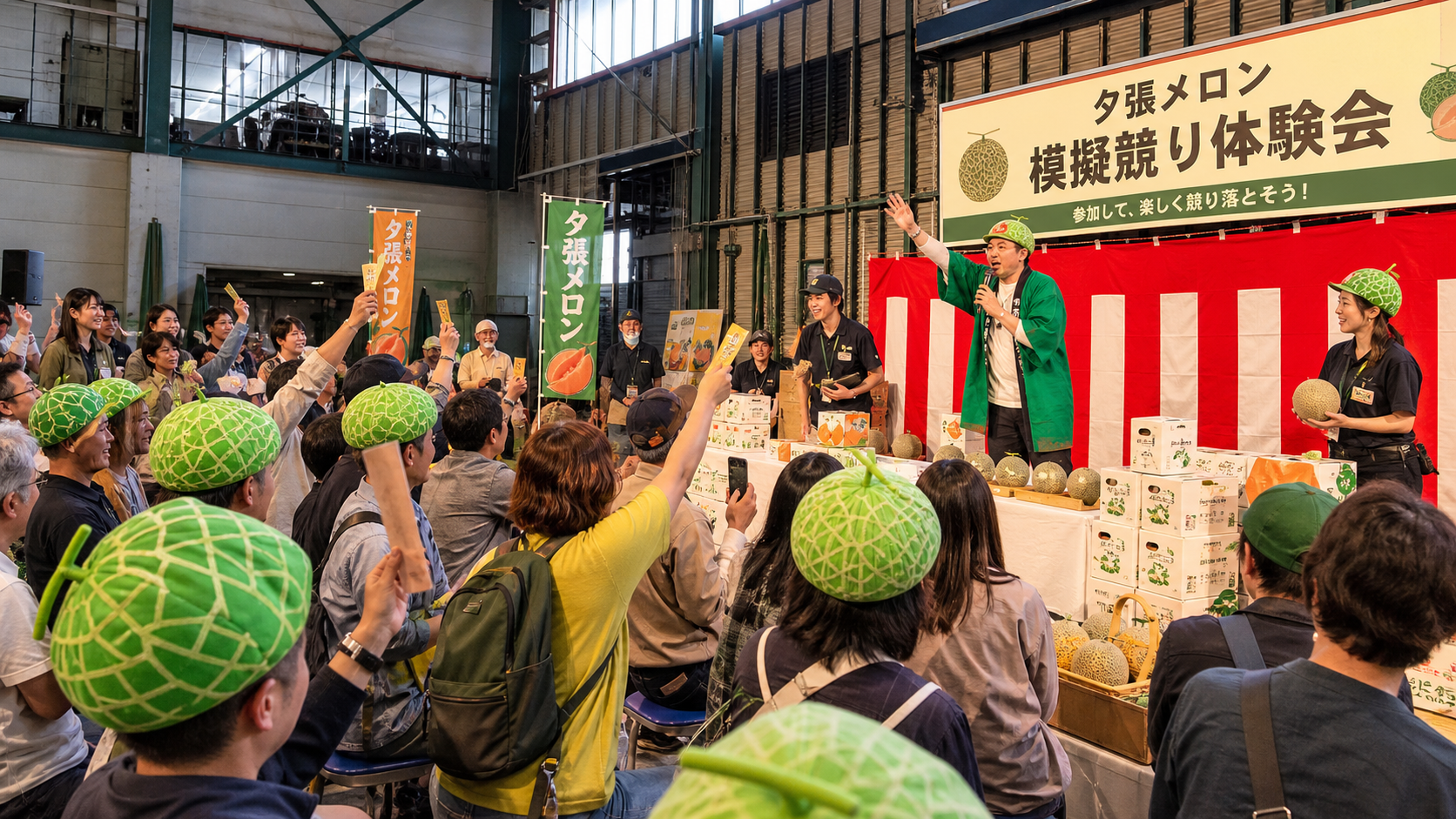 メロン帽子をかぶって模擬競りに参加する来場者と進行スタッフ