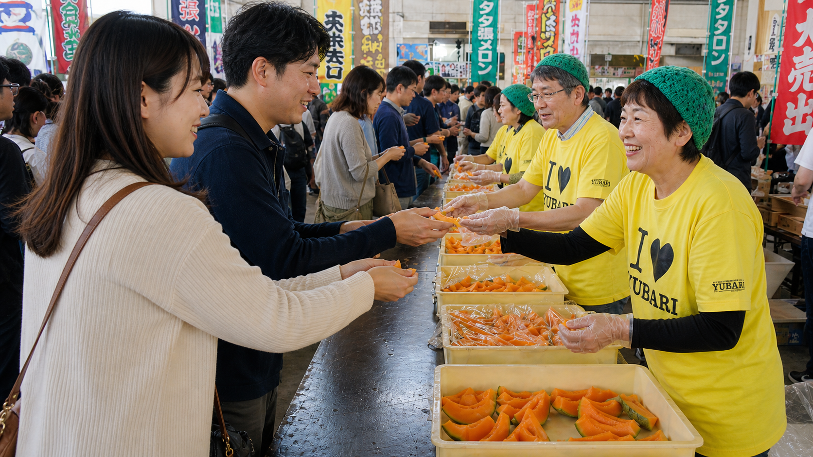 夕張メロンの無料試食を配るスタッフと来場者